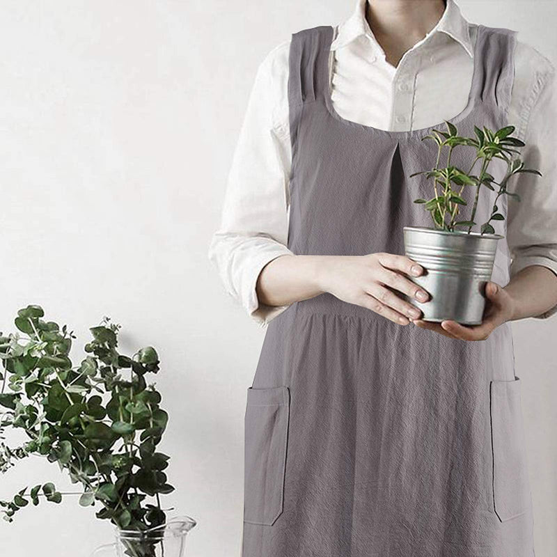  [AUSTRALIA] - Zakicol Women’s Cross Back Apron Baking Gardening Cleaning Works Cotton/Linen Blend Apron with 2 Pockets (Grey) Grey