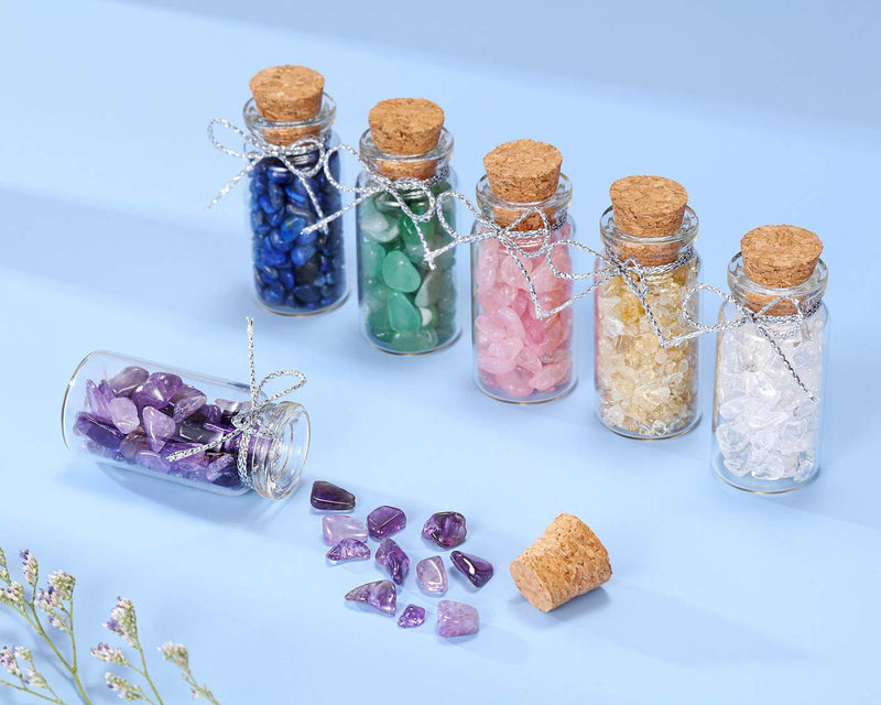  [AUSTRALIA] - PESOENTH 6 Mini Healing Crystals and Gemstones Glass Bottles Tumbled Crushed Chips Stones Set with Wooden Box for Reiki Chakra, Balancing, Meditation, Wicca, Wish Luck Decoration,DIY Jewelry Making