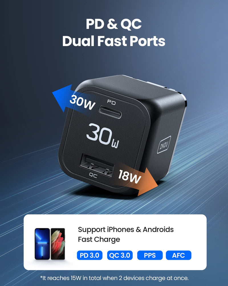  [AUSTRALIA] - USB C Charger, INIU 30W PD QC 3.0 Dual Port Type C Charger Fast Charging Block, USB C Wall Charger with Foldable Plug for iPhone 14 13 12 11 Pro Max Samsung S21 S20 Note 20 iPad Pro Google LG AirPods