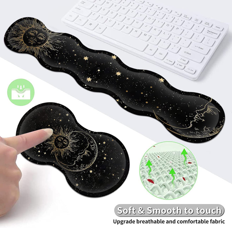  [AUSTRALIA] - Extended Large Mouse Pad+Keyboard Wrist Rest Support , Ergonomic Memory Foam Wrist Rest Easy Typing, 4Pcs Desk Pad Set for Home Office, Sun Moon Star Pattern XXL Gaming Black Desk Mat JV-mouse pad-8-35