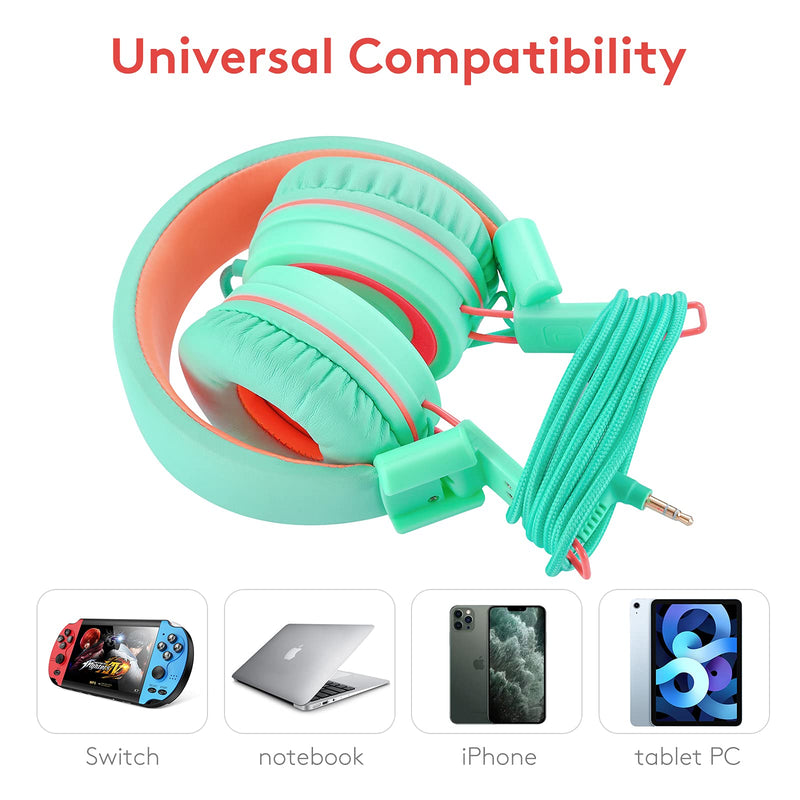  [AUSTRALIA] - Nilogie A21 Kids Headphones for School/PC/Cellphone/Airplane Travel with 3.5mm Jack Children Boys Girls Foldable Wired On-Ear Headset (Mint Coral) Mint Coral