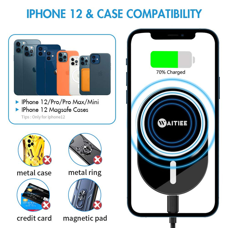  [AUSTRALIA] - WAITIEE Magnetic Wireless Car Charger Compatible with iPhone 14/13/12 Series Caseless and Magnetic Cases with QC3.0 Adapter, Fast Wireless Car Mount with Secure Air Vent Clamp, Black