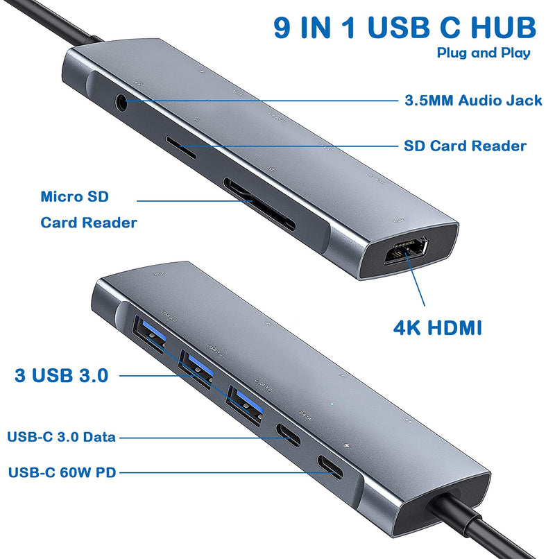  [AUSTRALIA] - USB C Hub Adapter for iPad Pro 11/12.9 2021 2020 2018 iPad Air 4 Accessories, 9in1 USB-C Adapter Docking Station with 4K HDMI, 3xUSB3.0, 3.5mm Audio Jack,TF/SD Card Reader,60W Charging,USB-C 3.0 Data