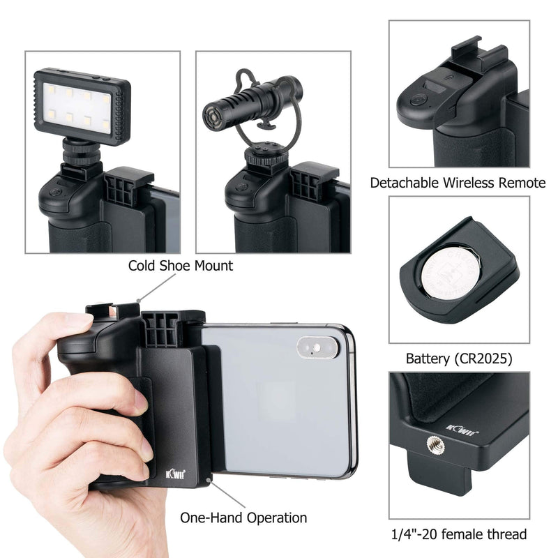  [AUSTRALIA] - JJC 3 in 1 Phone Tripod Mount with Cold Shoe and DSLR-Like Hand Grip with Detachable Bluetooth Shutter Remote Control for iPhone Android Phone to Take Selfies, Group Photo and Stable One-Handed Video