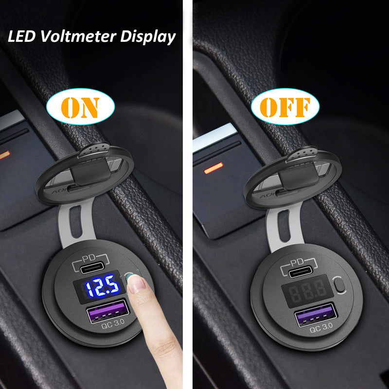  [AUSTRALIA] - 2 Pack USB C Car Charger Socket, Qidoe 12V USB Outlet PD3.0 20W USB C and 18W QC3.0 Car USB Port with LED Voltmeter and ON/Off Switch Fast Car USB Outlet for Car Boat Marine RV Truck Golf Motorcycle Two in Pack