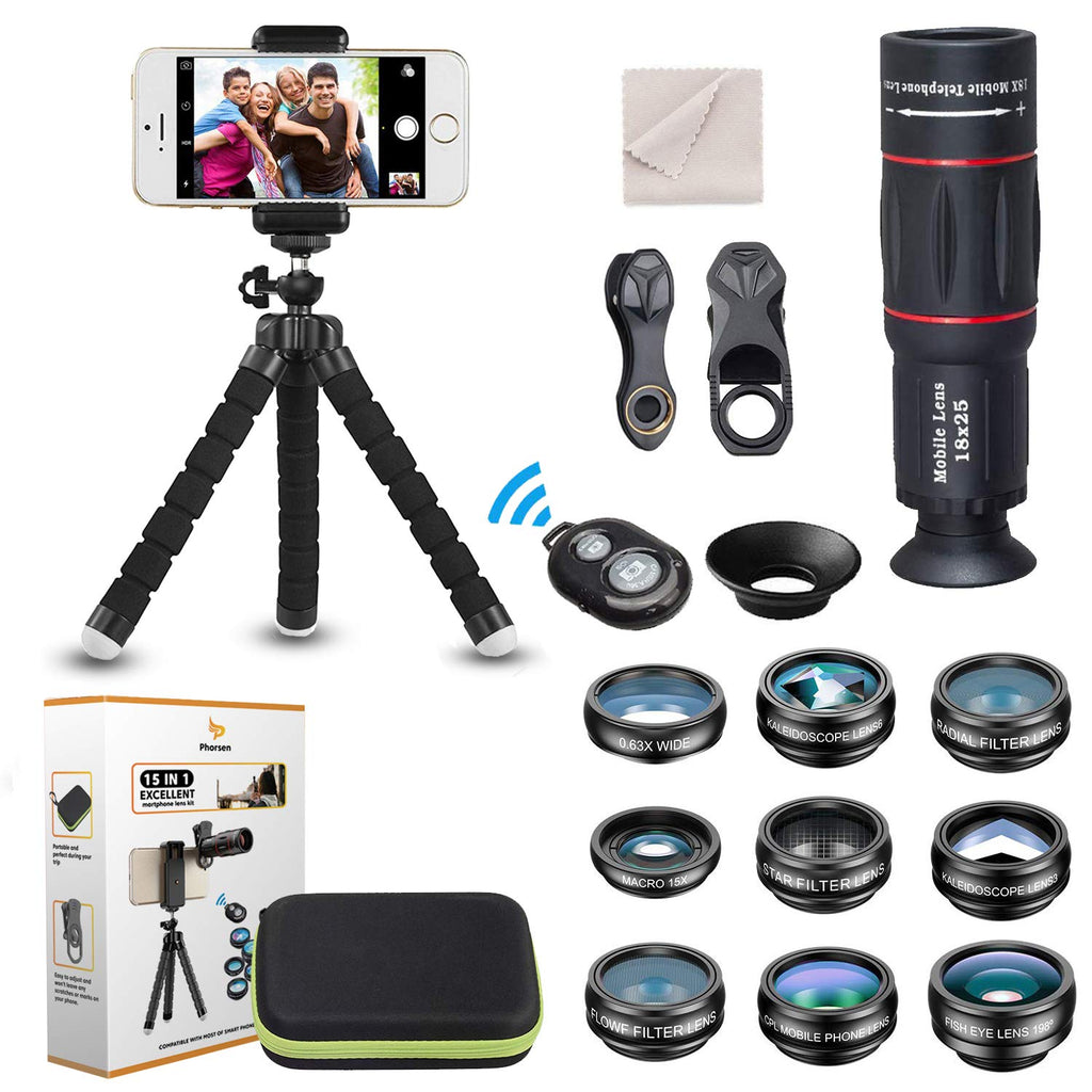  [AUSTRALIA] - 15 in 1 Universal Phone Camera Lens Kit 18X Telephoto Lens Wide Angle Lens,Macro Lens, Fisheye Lens,Kaleidoscope 3/6 Lens, CPL/Flow/Star/Radial Filter, Tripod, Remote Shutter for Most of Smartphone