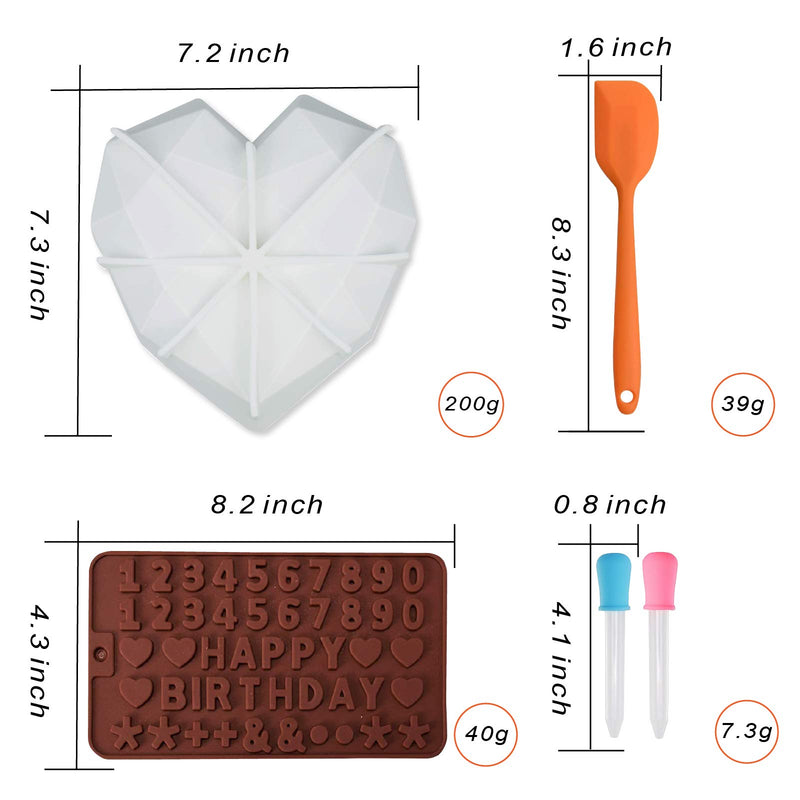  [AUSTRALIA] - Diamond Heart Silicone Cake Molds, Oven Safe Silicone Mold for Baking, Dessert Baking Pan Heart Breakable Molds for Chocolate, Brownie, Jelly, with Number Chocolate Molds, Silicone Droppers&Scrapers