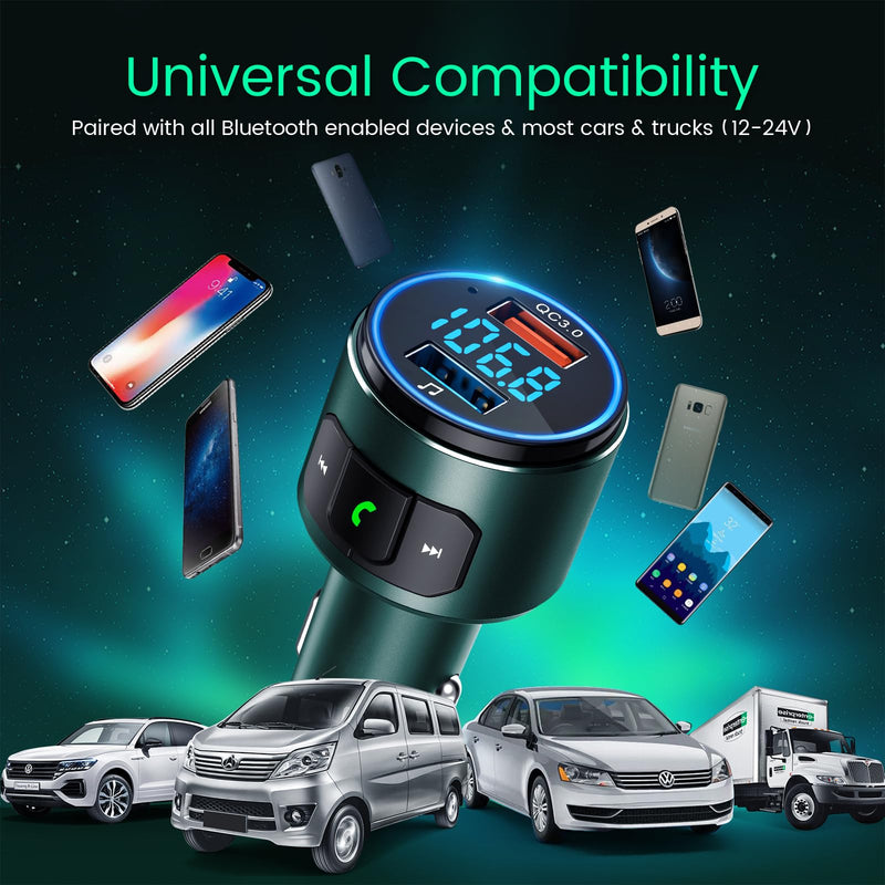  [AUSTRALIA] - Octeso Upgraded V5.0 FM Bluetooth Transmitter Car, QC3.0 & LED Backlit Wireless Bluetooth FM Radio Adapter Music Player/Car Kit with Hands-Free Calls, Siri Google Assistant-Green Green