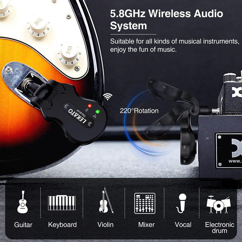  [AUSTRALIA] - LEKATO 5.8Ghz Wireless Guitar System 4 Channels Audio Digital Guitar Transmitter Receiver 300 Feet Transmission Range