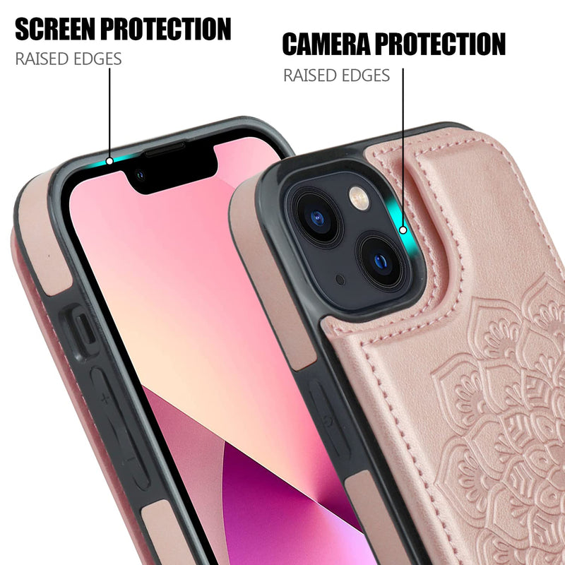  [AUSTRALIA] - Nvollnoe for iPhone 13 Case with Card Holder Heavy Duty Protective Durable Leather RFID Blocking Shockproof Slim Credit Card Slot Wallet Case for iPhone 13 for Women&Girls(Rose Floral) for iPhone 13-6.1''(2 Lens) Rose Gold