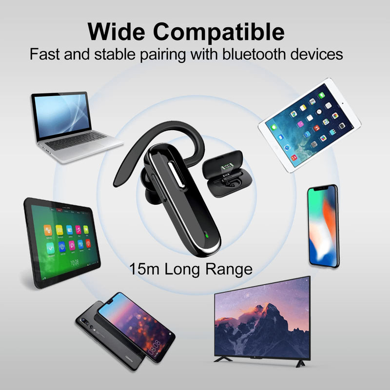  [AUSTRALIA] - munash Bluetooth Headset Wireless Handfree Earpiece V5.1 with 500mAh Battery Display Charging Case 96 Hours Talking Time Built-in Microphone for iPhone Android Cell Phone Driver/Business/Office