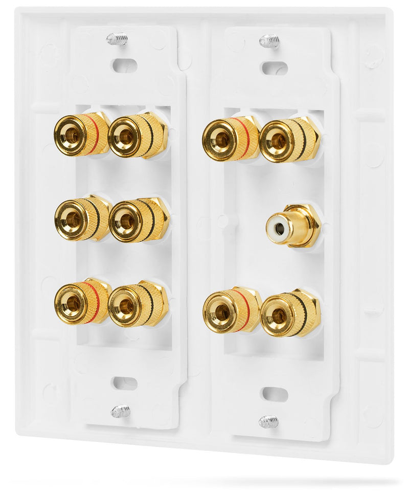  [AUSTRALIA] - Fosmon (2-Gang 5.1 Surround Distribution Home Theater Wall Plate - Premium Quality Gold Plated Copper Banana Binding Post Coupler Type Wall Plate for Speakers and RCA Jack for Subwoofer (White)