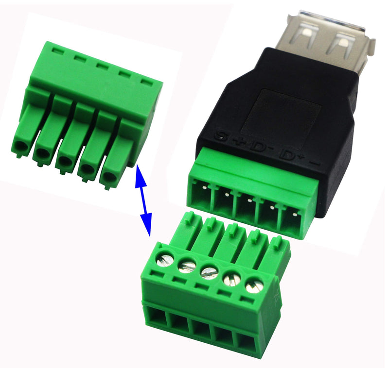  [AUSTRALIA] - CGTime USB 2.0 A Screw Terminal Block Connector USB 2.0 A Female Plug to 5 Pin/Way Female Bolt Screw Shield terminals Pluggable Type Adapter Connector Converter 300V 8A(2Pack) (Female)