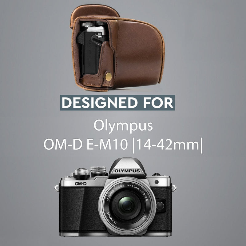  [AUSTRALIA] - MegaGear MG368 Olympus OM-D E-M10 Mark II, E-M10 (14-42mm) Ever Ready Leather Camera Case and Strap - Dark Brown