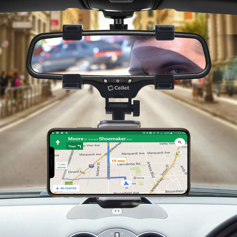  [AUSTRALIA] - Cellet Vehicle Rear View Mirror Phone Holder Mount Universal Smartphone Cradle Compatible to iPhone 14 Pro Max Plus 13 12 11 XR XS SE Galaxy Z Flip Z Fold S22 S21 S20 S10 Google Map GPS Navigation Style 4