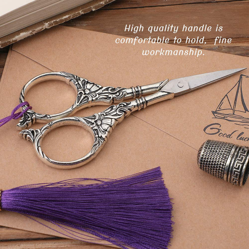  [AUSTRALIA] - Embroidery Scissors, Sewing Scissor Sharp Tip Stainless Steel, Vintage European Design Scissors with Tassel,Thimble, DIY Tools Dressmaker Shears for Fabric, Embroidery, Needlework(Silver)