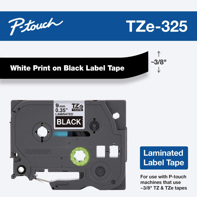  [AUSTRALIA] - Brother Genuine P-Touch TZE-325 Tape, 3/8" (0.35") Wide Standard Laminated Tape, White on Black, Laminated for Indoor or Outdoor Use, Water-Resistant, 0.35" x 26.2' (9mm x 8M), Single-Pack, TZE325