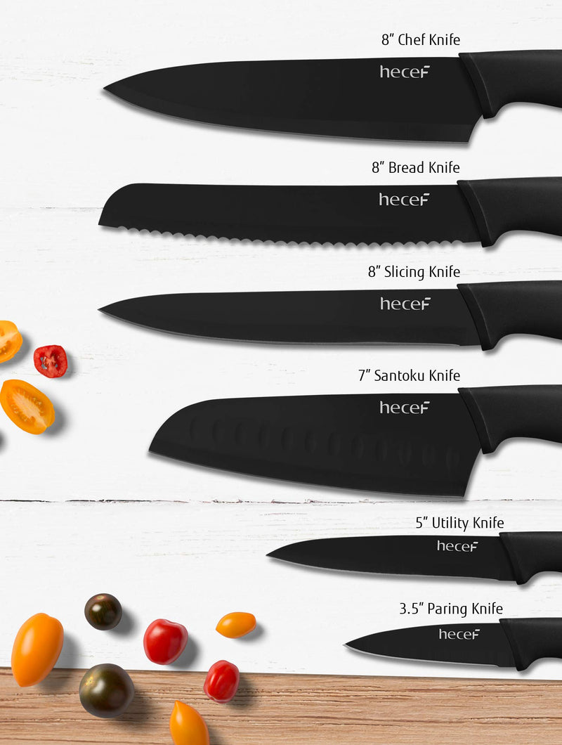  [AUSTRALIA] - Hecef Black Oxide Knife Set of 6 with Matching Blade Protective Sheath, Black Kitchen Knife Set, Scratch Resistant & Rust Proof, Hard Stainless Steel, Non Stick Black Color Coating Blade Knives
