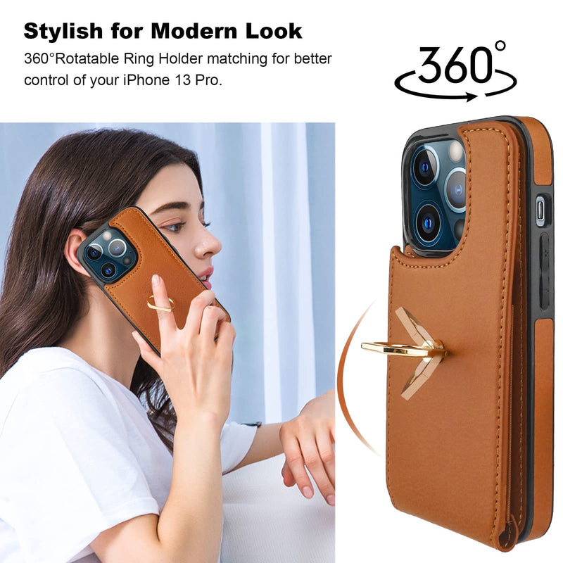  [AUSTRALIA] - Folosu Compatible with iPhone 13 Pro Case Wallet with Card Holder, 360°Rotation Finger Ring Holder Kickstand Protective RFID Blocking PU Leather Double Buttons Flip Shockproof Cover 6.1 Inch Brown