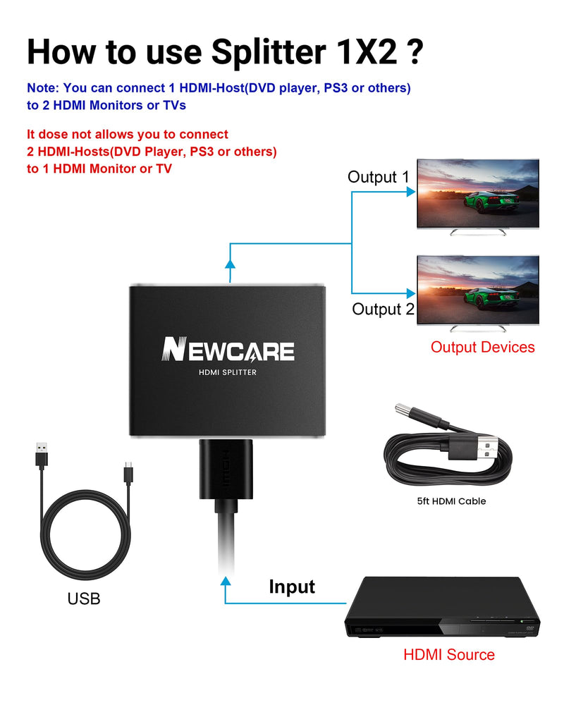  [AUSTRALIA] - NEWCARE HDMI Splitter 1 in 2 Out, Alu-Alloy 4K HDMI Splitter for Dual Monitors Duplicate/Mirror with 3.9FT HDMI Cable,Powered HDMI Splittter Amplifier, Support Two Different/Same Size TVs at Same Time 4K@30Hz HDMI Splitter Black