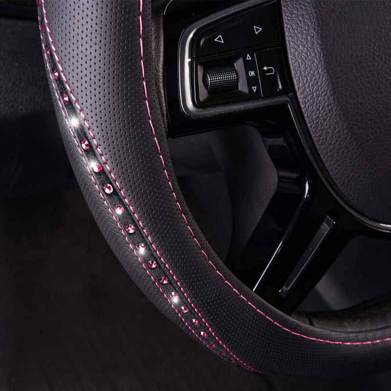  [AUSTRALIA] - CAR PASS Pretty Rhinestone Leather Universal Steering Wheel Cover,Fit for Car, Suvs,Sedans,Truck,Anti-Slip Design (Black with Rose red) black with rose red