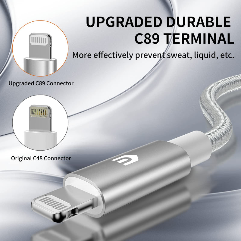  [AUSTRALIA] - UNBREAKcable iPhone Charger Cable 6.6ft - [Apple MFI Certified] Double-Braided Nylon USB-A to Lightning Cable Cord for iPhone 14/13/12/11/Pro/SE/Xs MAX/XR/X/8/iPad/iPod – Silver 2M