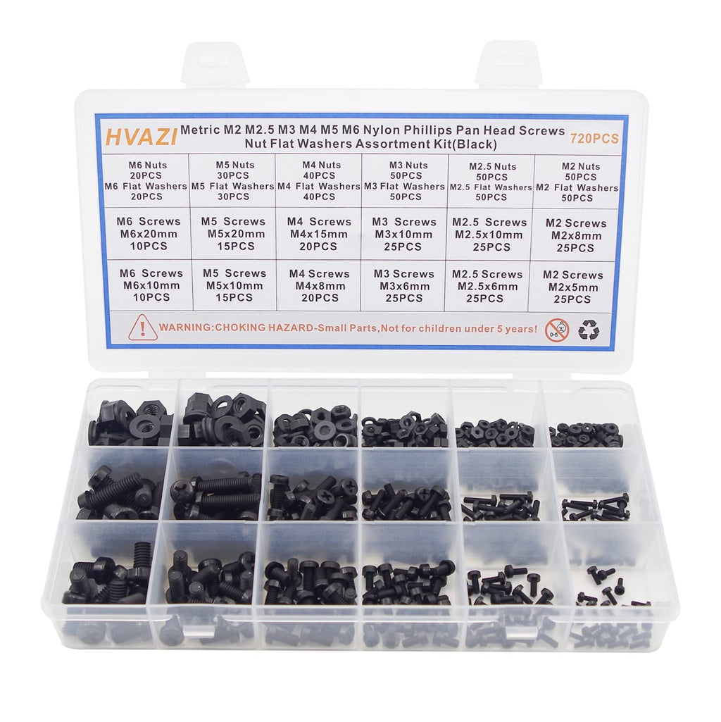  [AUSTRALIA] - HVAZI Metric M2 M2.5 M3 M4 M5 M6 Nylon Phillips Pan Head Screws Nut Flat Washers Assortment Kit Black-M2M2.5M3M4M5M6