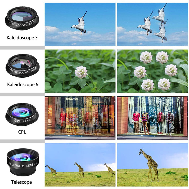  [AUSTRALIA] - Phone Camera Lens Kit, 11 in 1 Cellphone Lens Kit for iPhone and Android, 0.63X Wide Angle+15X Macro+ 198°Fisheye+Telephoto+CPL/Flow/Radial/Star/Soft Filter+Kaleidoscope Lens 11 in 1 Lens Kit