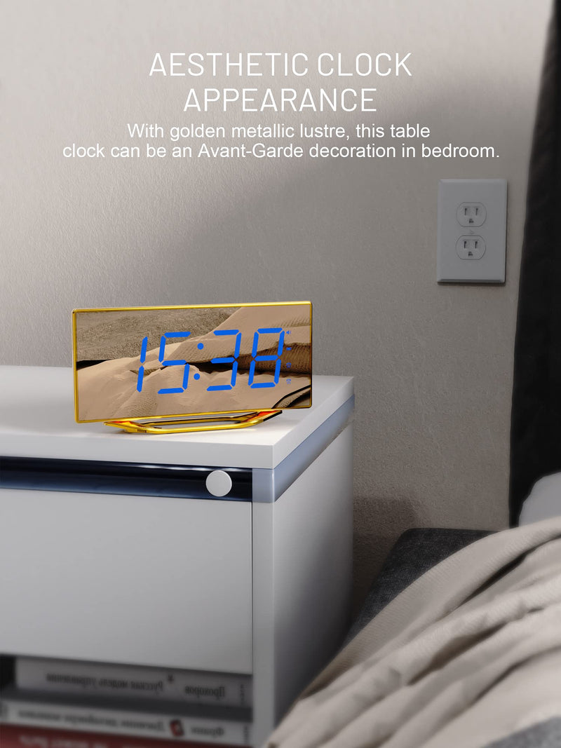  [AUSTRALIA] - Bed Shaker Alarm Clock for Heavy Sleepers Adults, Loud Alarm Clock with USB Charger,8.7 Inch Mirror Alarm Clock for Bedroom, Dimming & Snooze Mode,12/24 Hour Display, Metallic Gold Metalic Gold