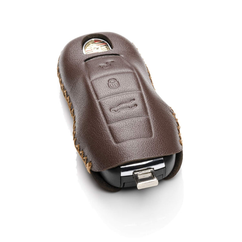 Vitodeco Genuine Leather Keyless Entry Remote Control Smart Key Case Cover with Leather Key Chain for Porsche Panamera, Macan, Cayenne, 911 (3 Buttons, Brown) 3 Buttons - LeoForward Australia