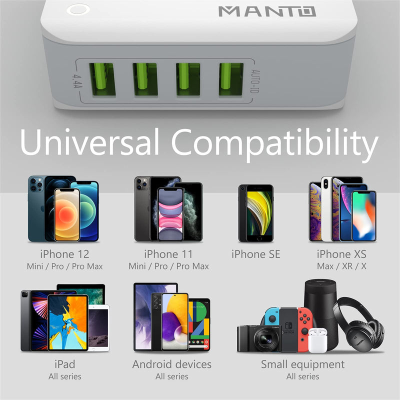  [AUSTRALIA] - Multiple USB Wall Charger, MANTO 4.4A/22W 4 Port USB Travel Power Adapter, All in One Worldwide Cell Phone Charger Plug for iPhone 13 Pro/13 Mini/13 Pro Max/12/11/XR/SE/8, Samsung, LG, HTC and More