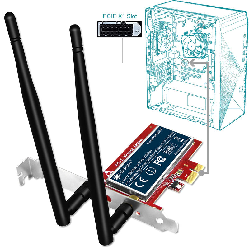  [AUSTRALIA] - FebSmart High Power Wireless N600 (2.4GHz 300Mbps or 5GHz 300Mbps) PCIE Wi-Fi Adapter for Windows Server and Windows 7 8 8.1 10 (32/64bit) System-PCIE Wi-Fi Card (FS-N600HP)