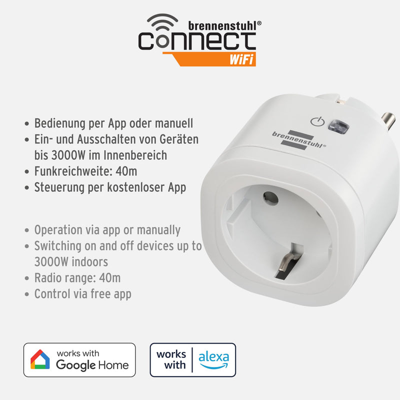  [AUSTRALIA] - Brennenstuhl Connect WLAN socket WA 3000 XS01 (WiFi socket 2.4 GHz compatible with Alexa and Google Assistant, no hub required, smart socket with timer, free app) Single smart socket for indoor use