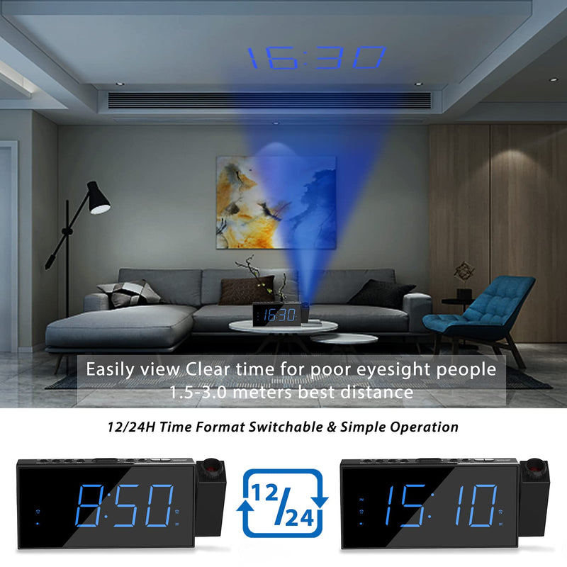  [AUSTRALIA] - Projection Digital Alarm Clock on Ceiling Wall, LED Alarm Clock for Bedrooms with USB Charger Port,180°Projector,Snooze,DST,Dimmer,Dual Loud Alarm Clock for Heavy Sleeper Adults Kids Blue