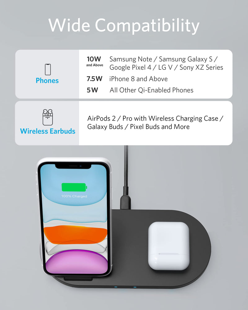  [AUSTRALIA] - Anker Wireless Charging Station, PowerWave Sense 2-in-1 Station with 5 ft USB-C Cable, for iPhone 14/14 Pro/14 Pro Max/13/13 Pro Max, Samsung, AirPods and More (Adapter Not Included)