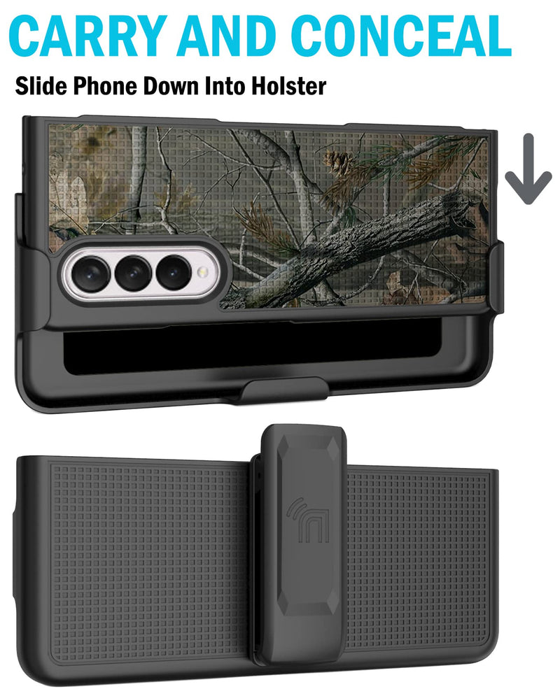  [AUSTRALIA] - Case with Clip for Galaxy Z Fold 3 5G, Nakedcellphone Camo Slim Hard Cover and Belt Hip Holster View Stand Combo for Samsung Z Fold3 Phone (SM-F926) 2021 - Outdoor Camouflage Tree Leaf Real Woods Autumn Camo (Black)