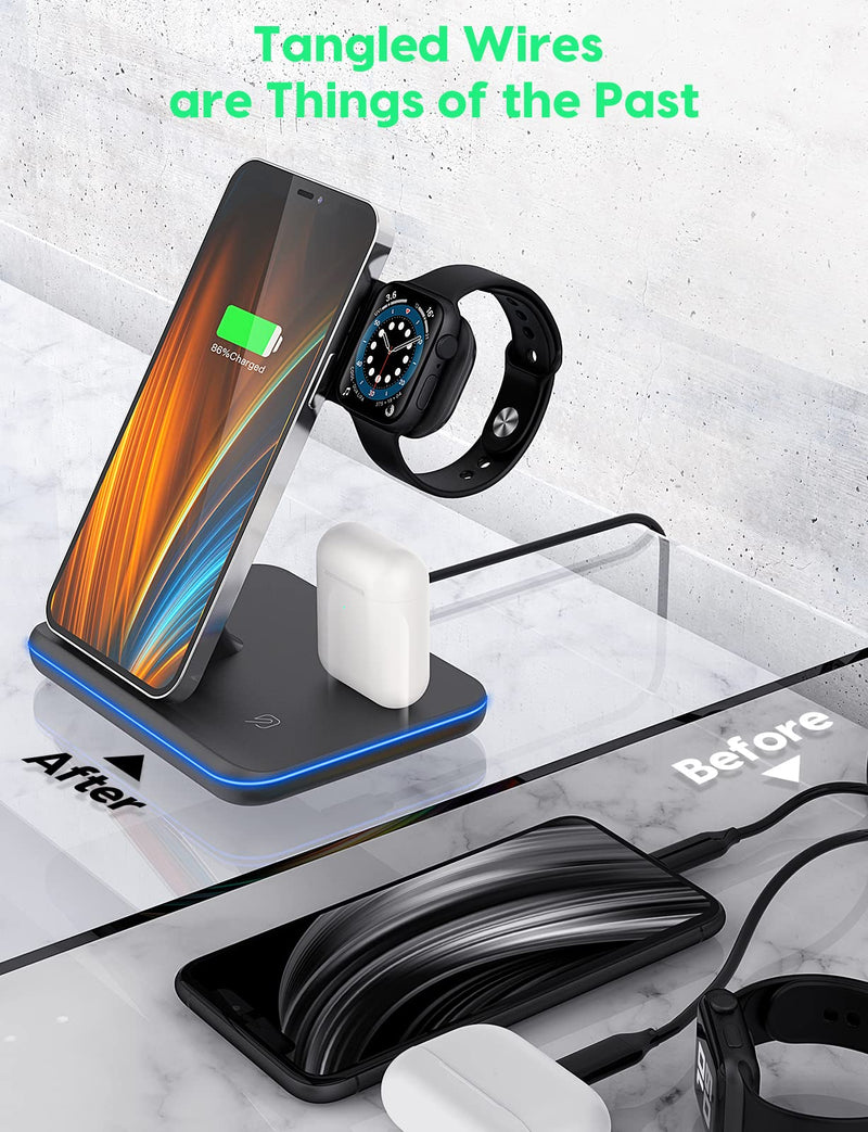  [AUSTRALIA] - Wireless Charging Station, 2021 Upgraded 3 in 1 Wireless Charger Stand with Breathing Indicator Compatible with iPhone 12/11 Pro/XS/XR/8, Watch 6/SE/5/4/3 & AirPods Black