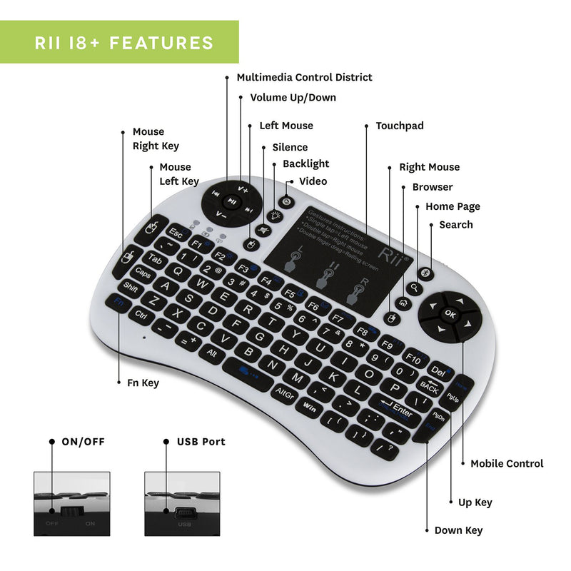  [AUSTRALIA] - (Upgraded) Rii i8+ Mini Bluetooth Keyboard with Touchpad＆QWERTY Keyboard, Backlit Portable Wireless Keyboard for Smartphones laptop/PC/Tablets/Windows/Mac/TV/Xbox/PS3/Raspberry Pi.White White