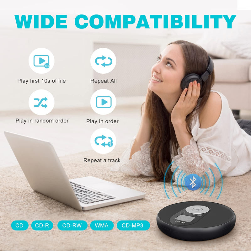  [AUSTRALIA] - Portable CD Player with Bluetooth, Anti-Skip and Shockproof Personal Walkman Disc Player with Headphones for Travel and Car, Compact Lightweight Small Music CD Player for Adults or Kids