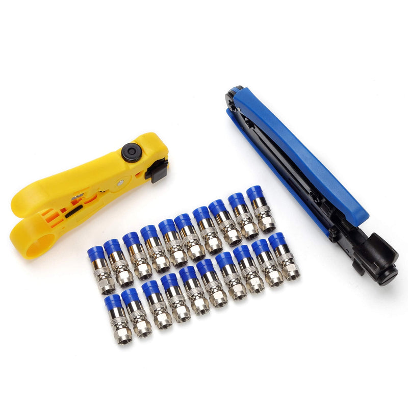  [AUSTRALIA] - TLS.eagle Coax Cable Crimper Coaxial Compression Tool Kit Adjustable Wire Stripper with F RG6 RG59 RG11 RG7 Pack of 20 Blue