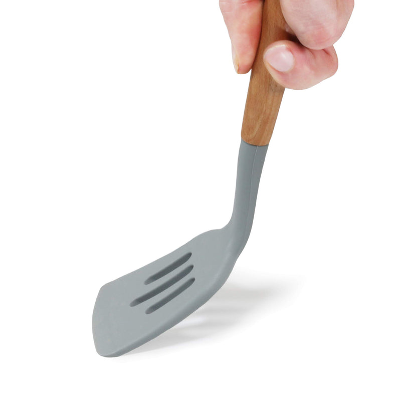  [AUSTRALIA] - Classic Wood Handle Silicone Slotted Head Turner | Antiseptic, No Plastics, BPA-Free Silicone Spatula Turner for Kitchen Cooking | by Kitchen Delight (13-Inch, Wood Tone + Grey)