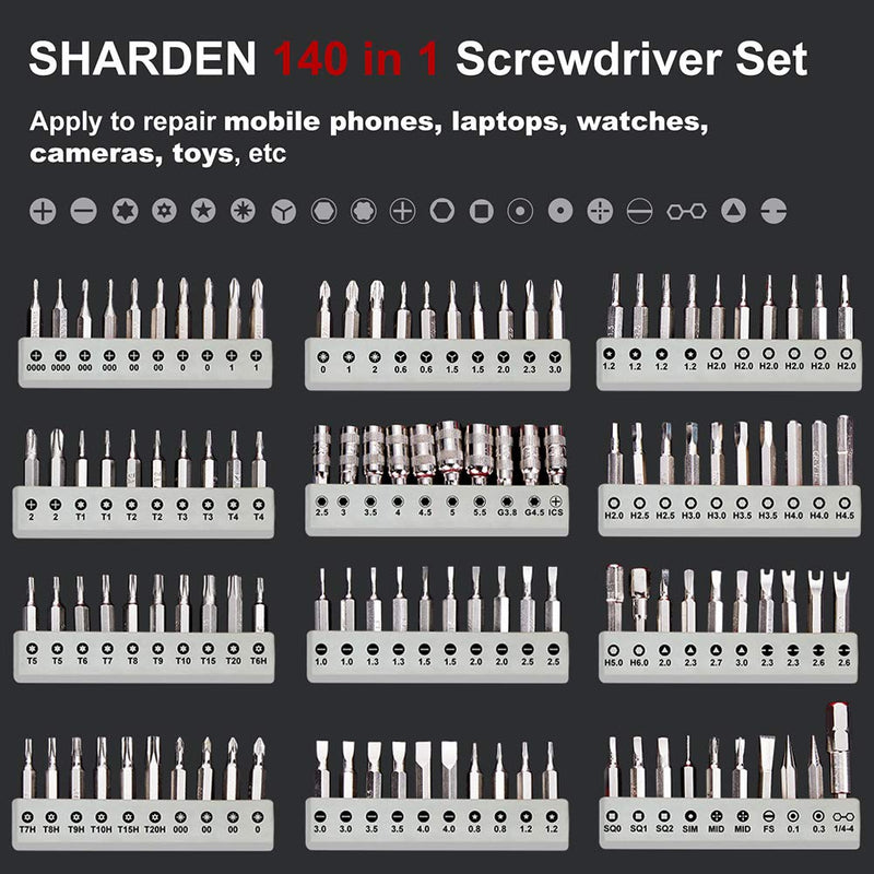 SHARDEN Precision Screwdriver Set 140 in 1 Magnetic Driver Kit Professional Repair Tool Kit with Portable Bag for iPhone, iPad, PC, Computer, Laptop, MacBook, Tablet, Xbox, Game Console, Watch (Grey) Grey - LeoForward Australia