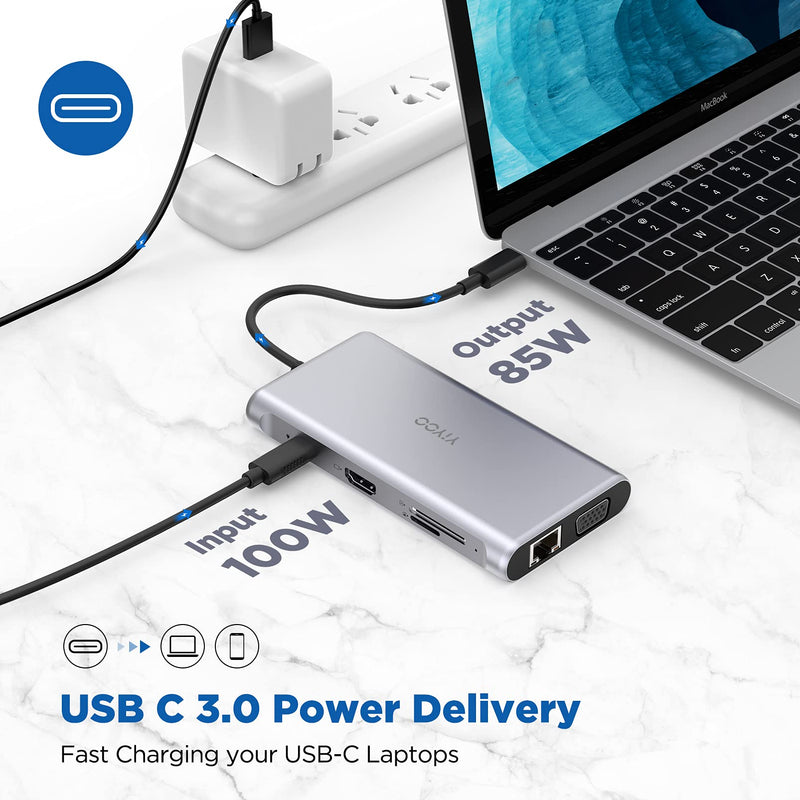  [AUSTRALIA] - USB C Hub Adapter, YIYOO 10-in-1 Adapter with Ethernet 1000Mbps, 4K USB C to HDMI, VGA, 2 USB 3.0, 2 USB 2.0, Micro SD/TF Card Reader, USB-C PD 3.0, Compatible for M1 Mac Pro and Other Type C Laptops