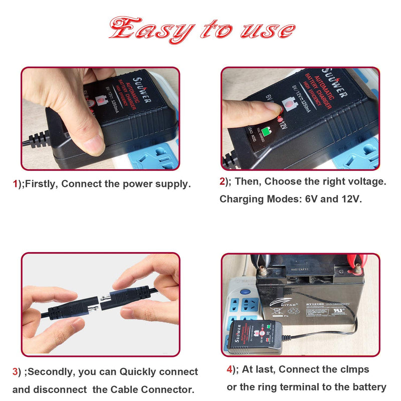  [AUSTRALIA] - Suuwer SUW012, 1.25-Amp Fully-Automatic Smart Trickle Charger, 6V and 12V Battery Charger, Battery Maintainer, for Sealed Maintenace Free AGM, SLA, AGM, Gel Cell, iGel, LTV, Lead Acid Battery 1.25A 6V/12V