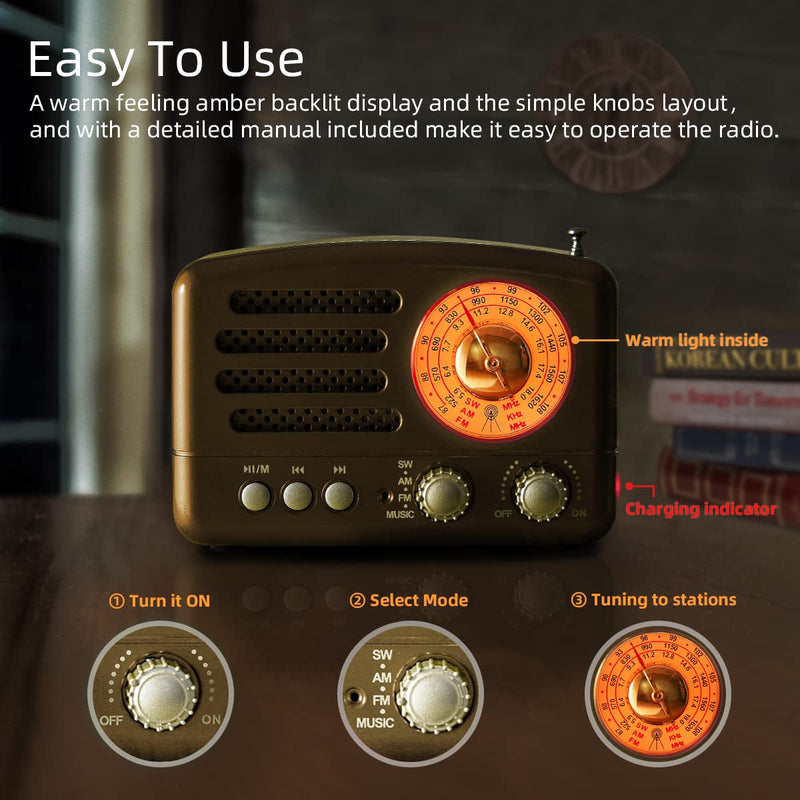  [AUSTRALIA] - PRUNUS J-160 Retro Transistor Radio Battery Operated AM FM SW Radio, Small Rechargeable Portable Radio with 1800mAh Li-ion Battery, Support TF Card/Aux/USB MP3 Player(Gold) Gold