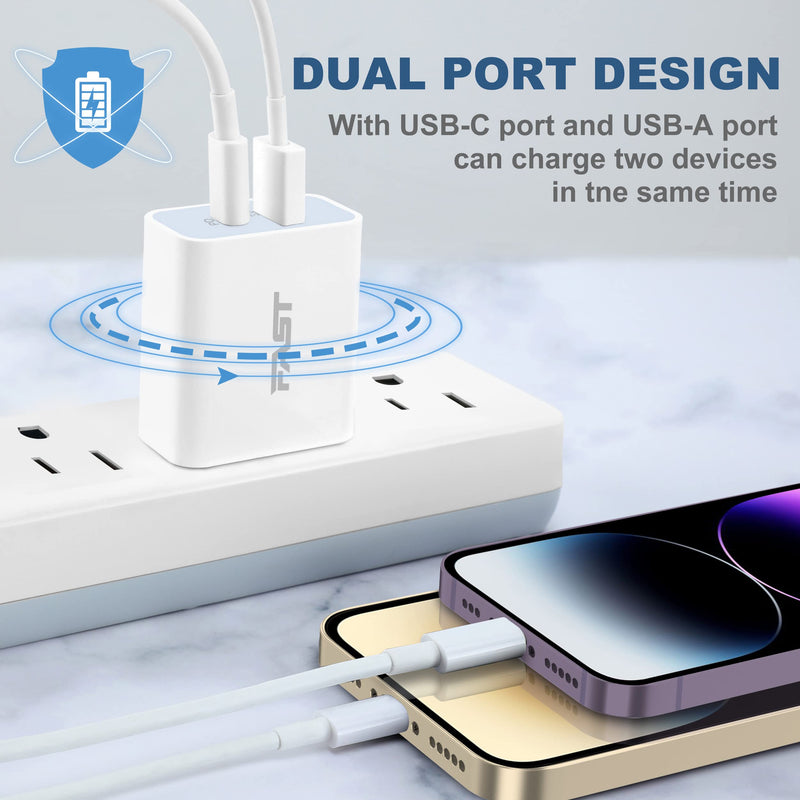  [AUSTRALIA] - [Apple MFi Certified] iPhone 12 13 14 Fast Charger, ARCCRA 20W PD Dual Port USB C Wall Charger Plug Charging Block Adapter + 2 X 6FT Lightning Cable for iPhone 14 13 12 Pro Max Mini 11 XS XR X, iPad