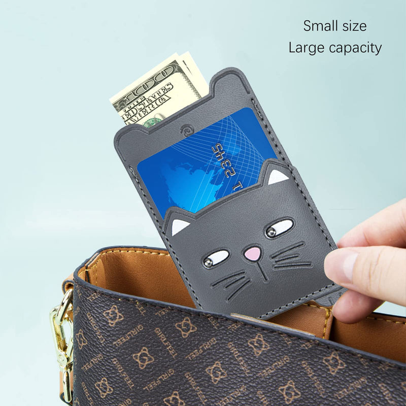  [AUSTRALIA] - Cell Phone Wallet,Gray Leather Cute Kitty, Secure Card Holder for iPhone, Android & Smartphones,Premium Leather,Adhesive Sleeve Pocket,Minimalist Design