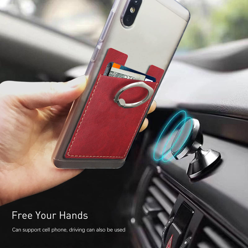  [AUSTRALIA] - Phone Card Holder with Phone Ring, Ring Wallets Combine a Finger Grip, Phone Ring Stand & Credit Card Sleeve into Thin Phone Wallets Stick On Universal to Any Cell Phone - Red Leather