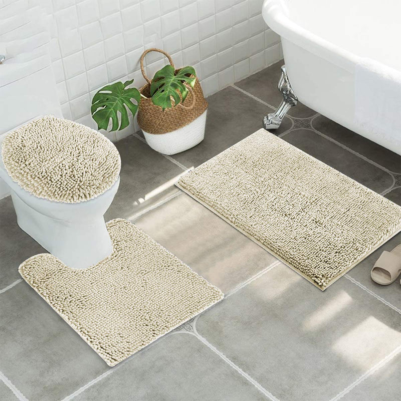  [AUSTRALIA] - Smart Linen 3 Piece Chenille Bathroom Rug Set Includes Bath Rug, Contour Mat and Toilet Lid Cover, Super Soft and Absorbent Shaggy Bathroom Rugs, Non Slip and Machine Washable (Beige) Beige