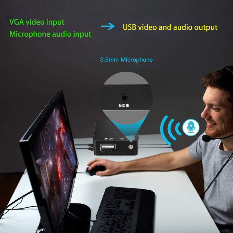  [AUSTRALIA] - VGA Capture Card, VGA to USB Capture Device with Mic Input Support HD 720P Video for Gaming, Streaming, Teaching, Video Conference, Live Broadcasting